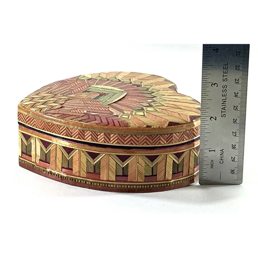 Vintage Straw Marquetry Heart Trinket Box Inlay Wood Jewelry Box 5.5”